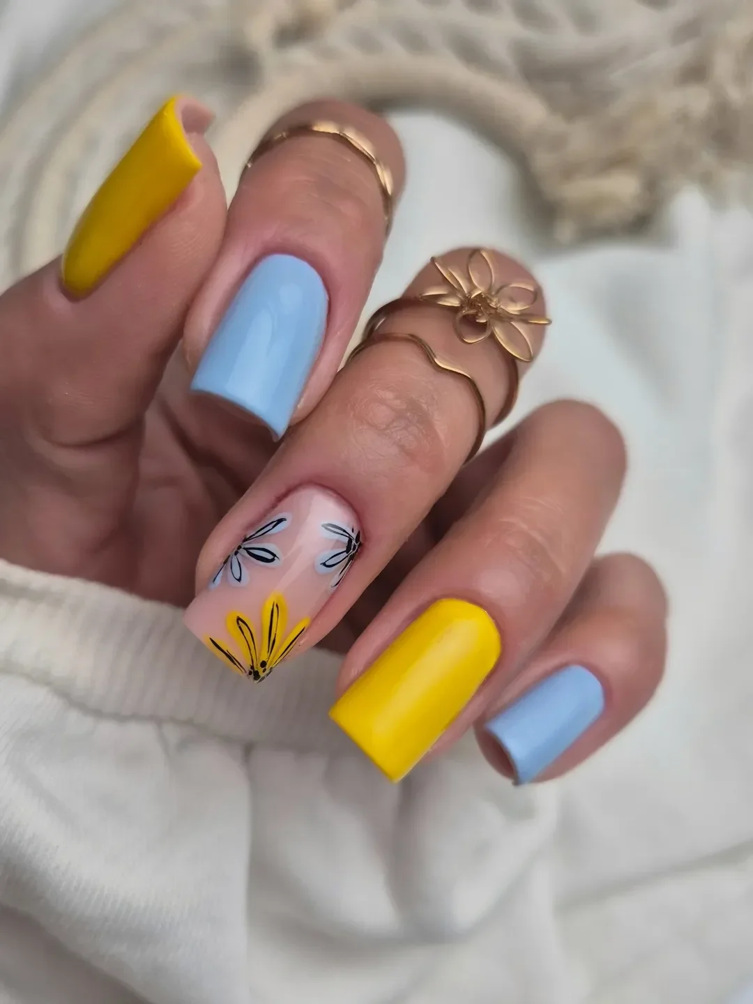 summer manicure color ideas 2026 Yellow And Baby Blue Floral Accent Nails