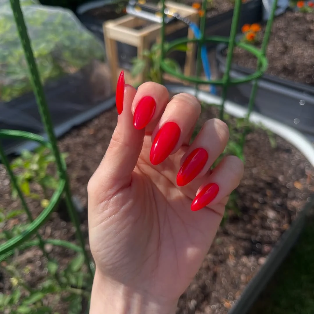 summer manicure color ideas 2026 Classic Bright Red Almond Summer Nails