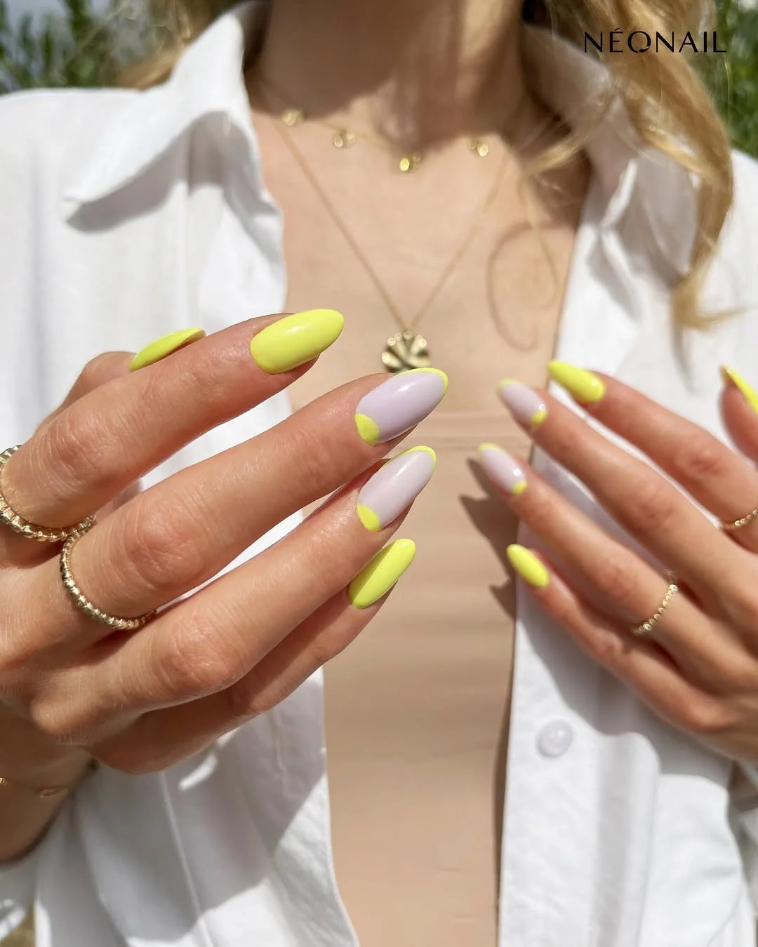 summer manicure color ideas 2026 Neon Yellow Almond Nails With Soft Nude Accents