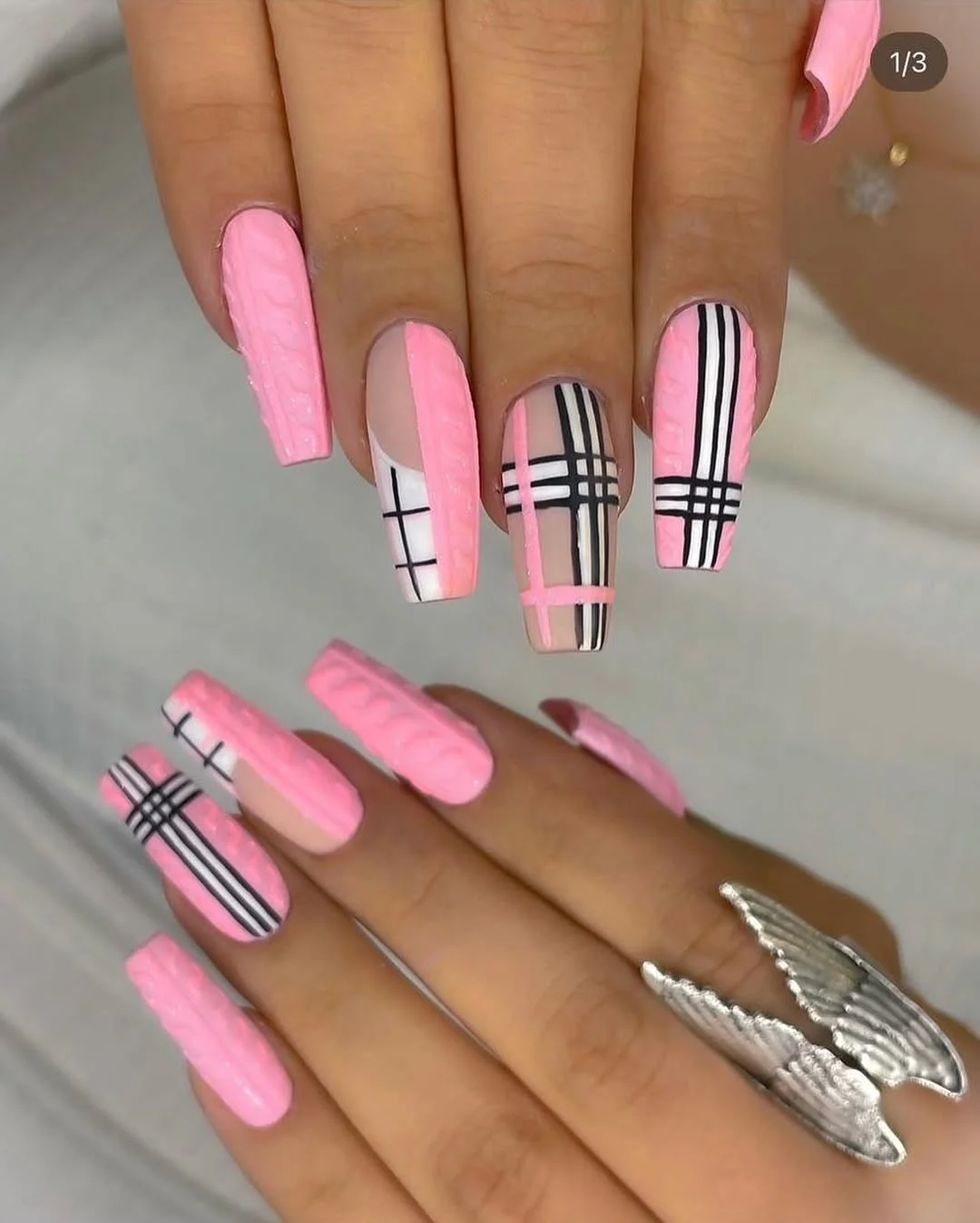 summer manicure color ideas 2026 Pink Plaid Acrylic Nails With Graphic Black Lines