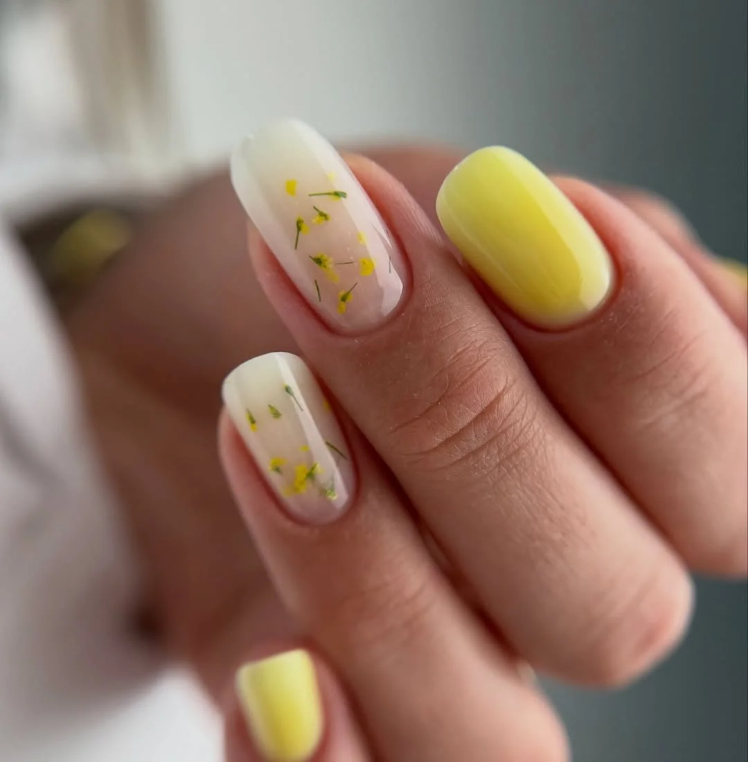 summer manicure color ideas 2026 Lemon Yellow And Milky White Botanical Nails