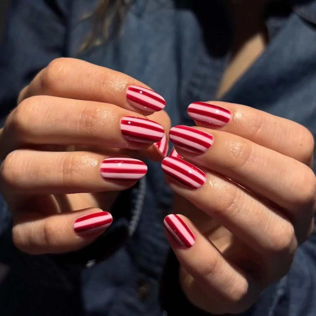 summer manicure color ideas 2026 Red And White Striped Candy Summer Nails