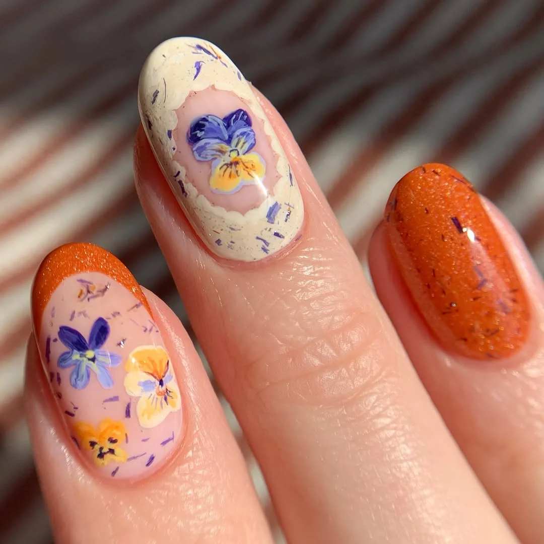 summer nail art 2026 Pressed Flower Orange Nail Art