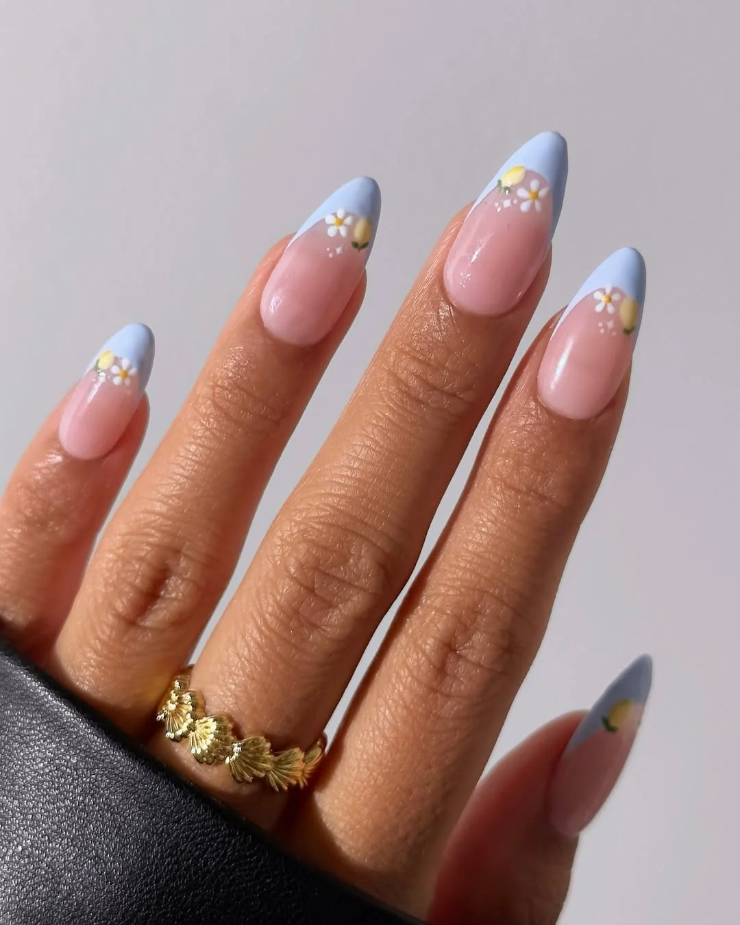 summer nail art 2026 Baby Blue French Tips With Tiny Lemons