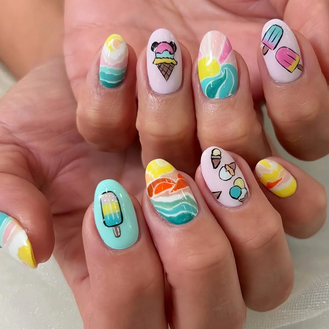 summer nail art 2026 Ice Cream And Beach Day Mixed Nail Art