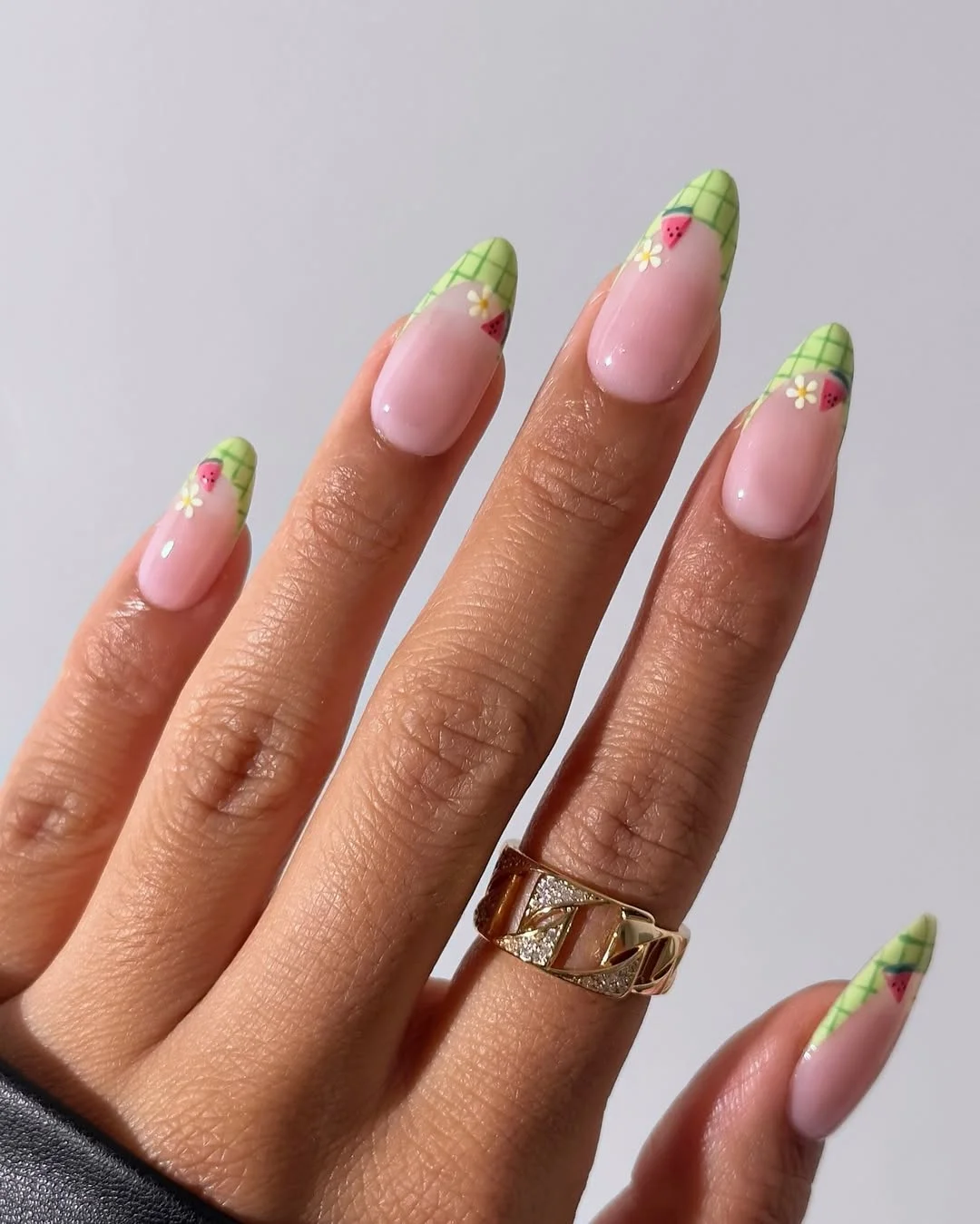 summer nail art 2026 Green French Tips With Tiny Strawberries