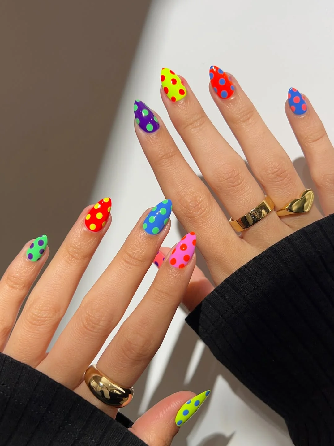 summer nail art ideas 2026 Neon Polka Dot Almond Nails