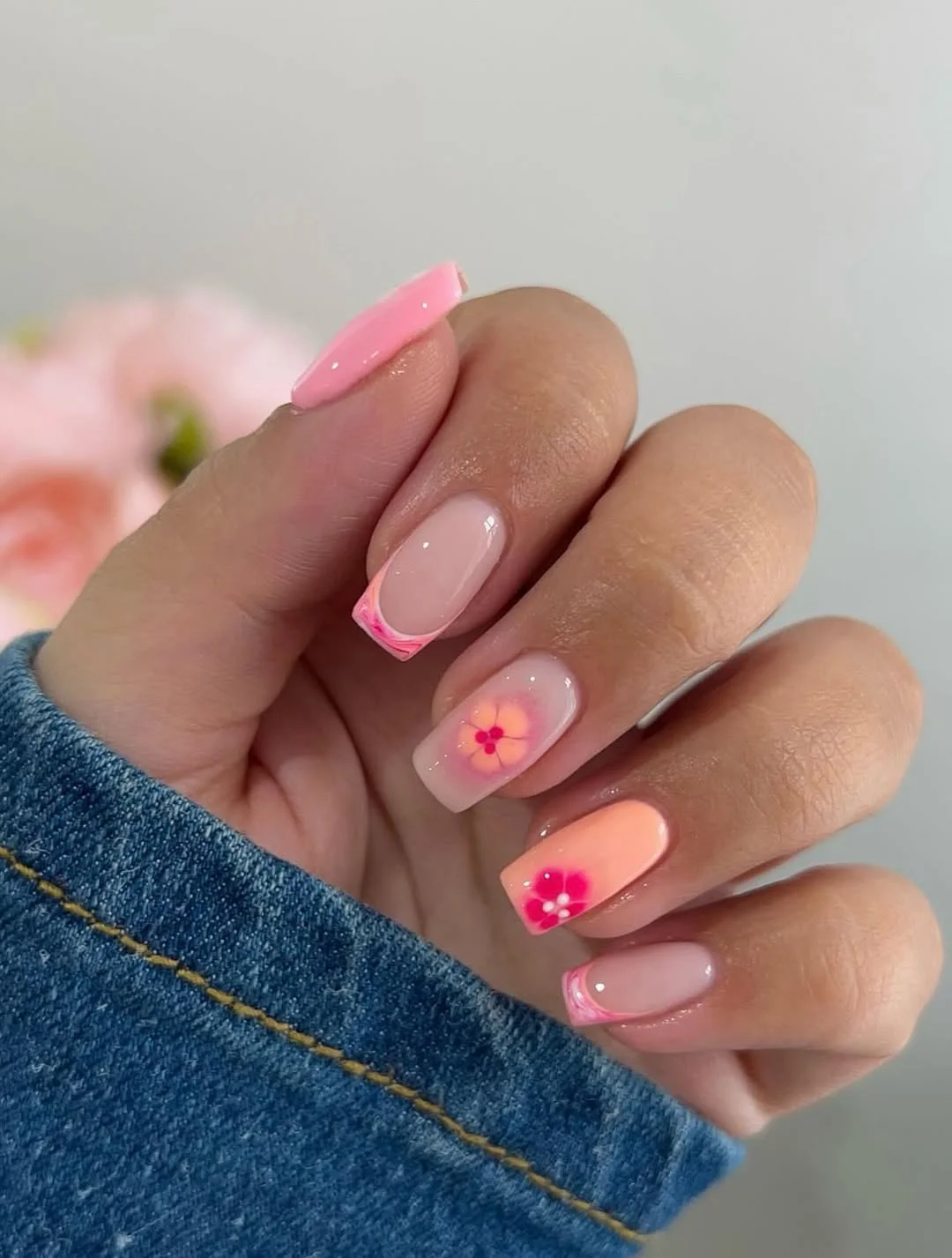 summer nail art ideas 2026 Pink Floral Square French Nails