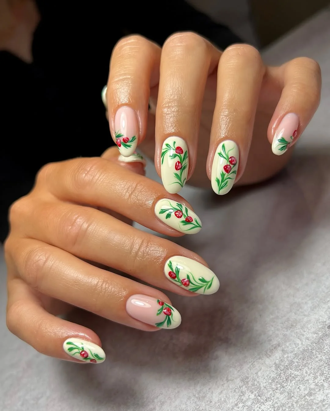 summer nail art ideas 2026 Botanical Berry Almond Nails