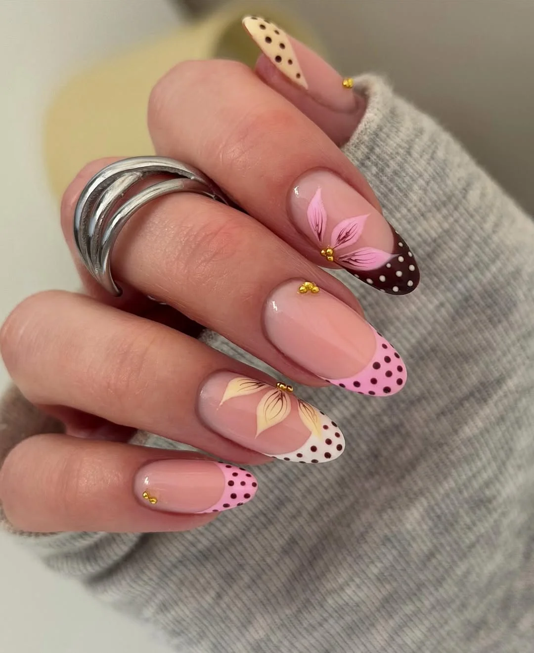 summer nail art ideas 2026 Pink Polka Dot Floral French Nails