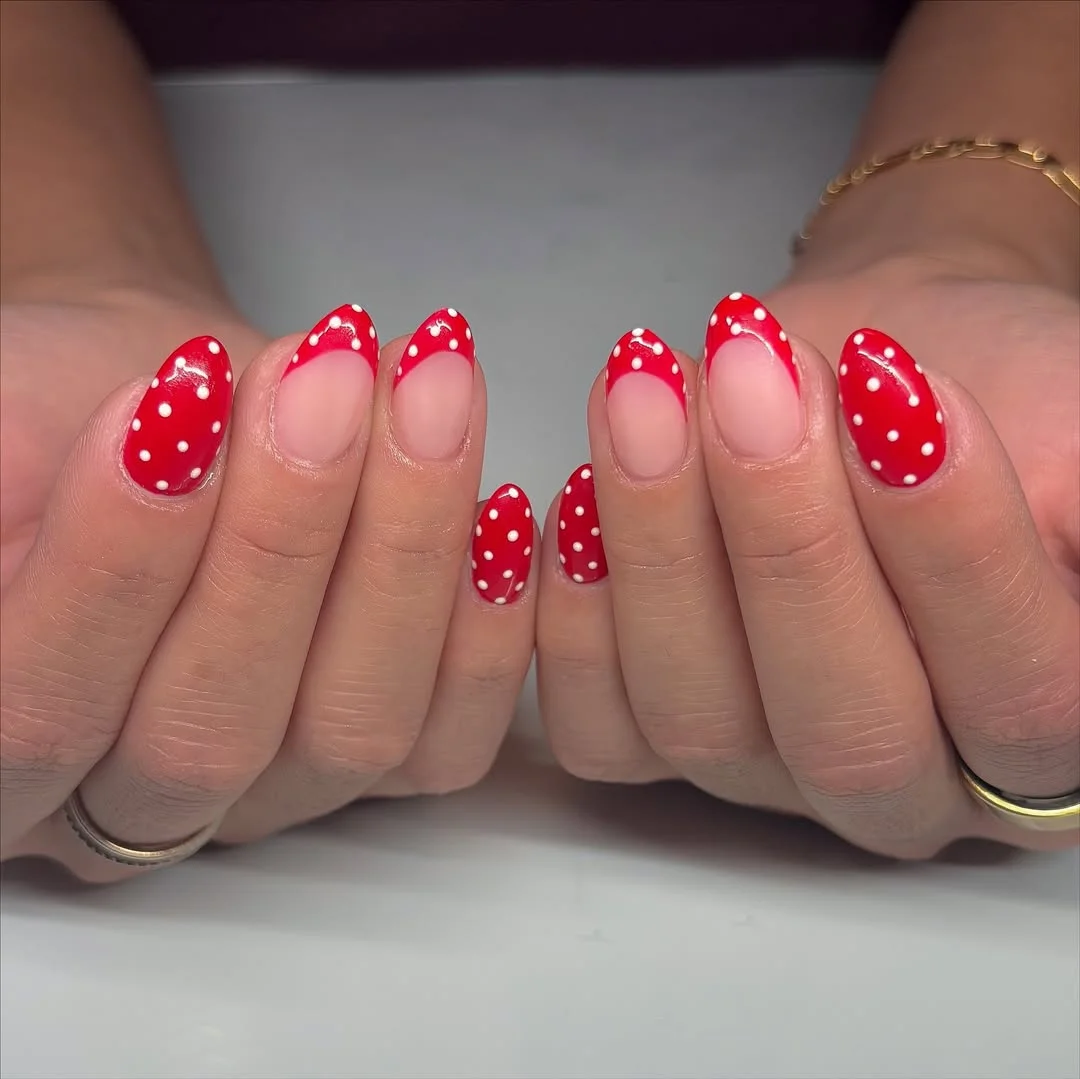 summer nail art ideas 2026 Red Polka Dot French Nails