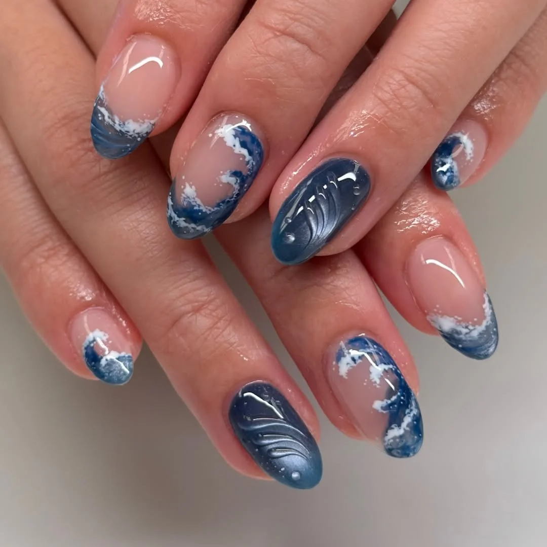 summer nail art ideas 2026 Deep Blue Ocean Wave Nails