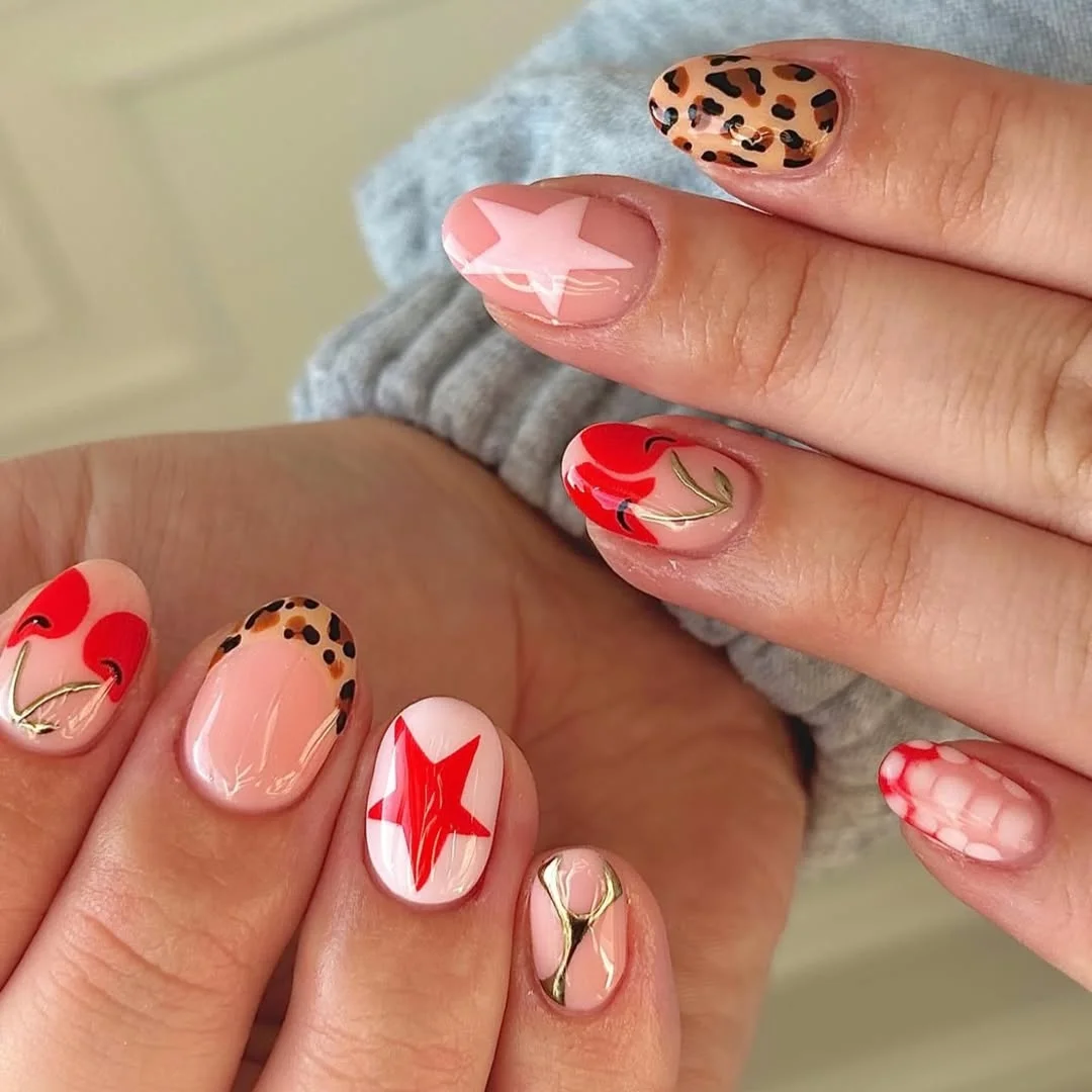 summer nail art ideas 2026 Red Star and Leopard Mix Nails