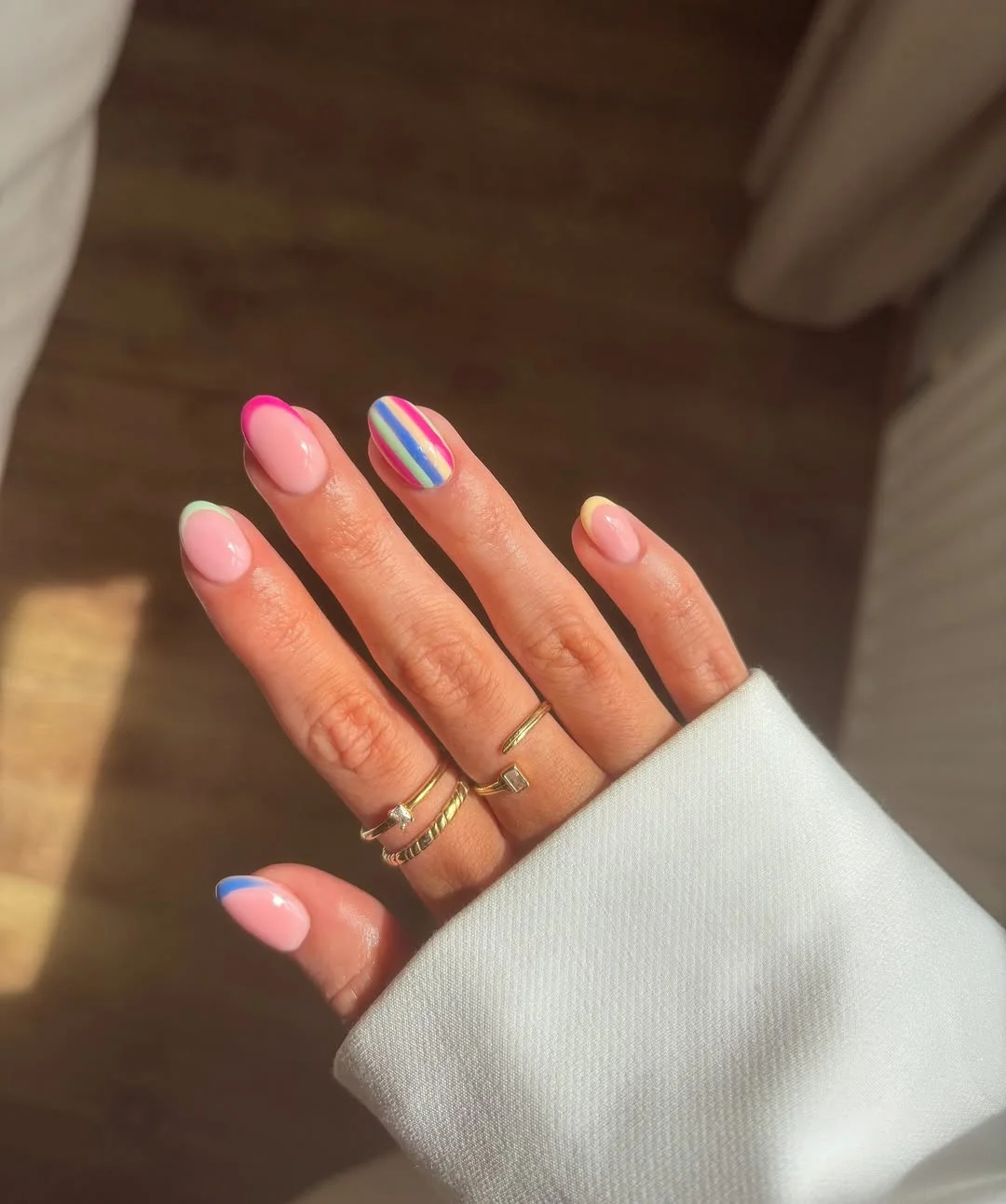 summer nail art ideas 2026 Minimal Rainbow French Accent Nails