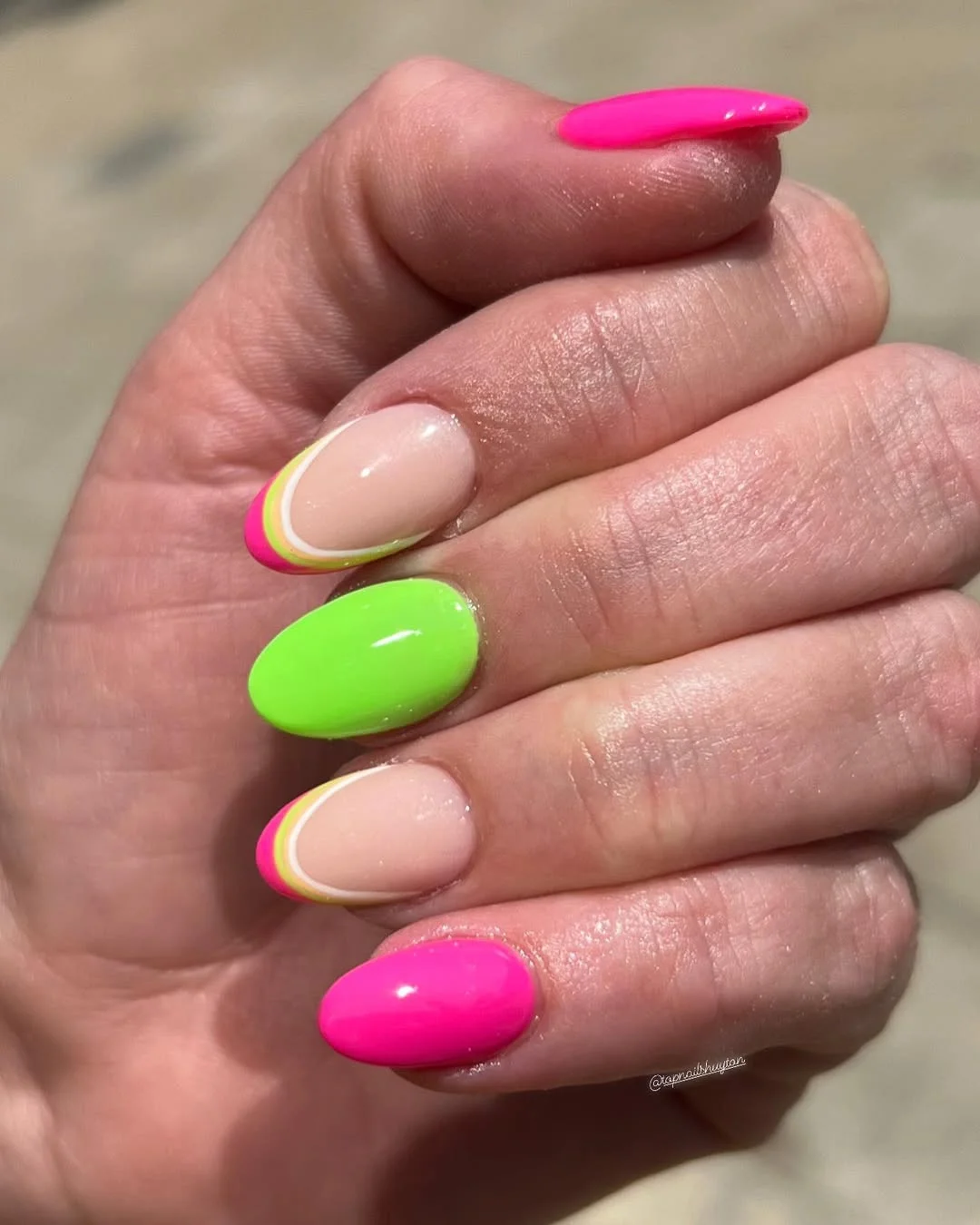 summer nail colors 2026 Hot Pink And Lime Almond Nails