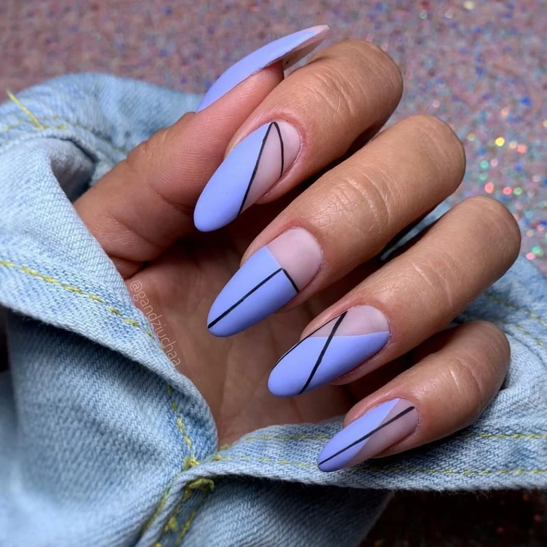 summer nail colors 2026 Lavender Matte Geometry With Fine Black Lines