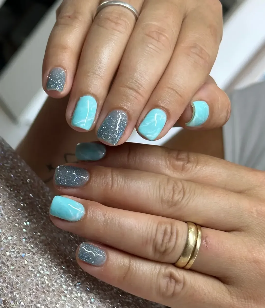 summer nail colors 2026 Aqua Blue And Silver Glitter For Short Summer Nails