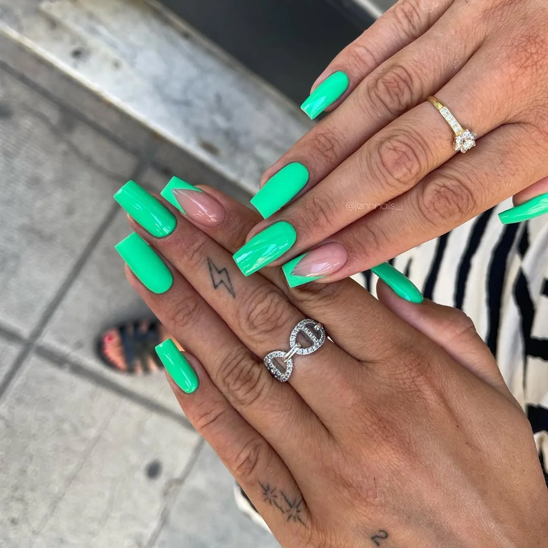summer nail colors 2026 Bold Green Coffin Nails With Negative Space Tips