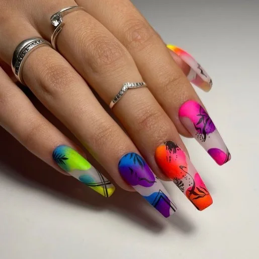 summer nail colors 2026 Tropical Neon Art With Black Palm Details