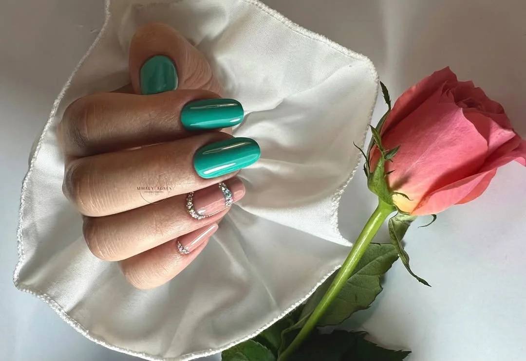 summer nail colors 2026 Emerald Green Nails With A Crystal French Accent