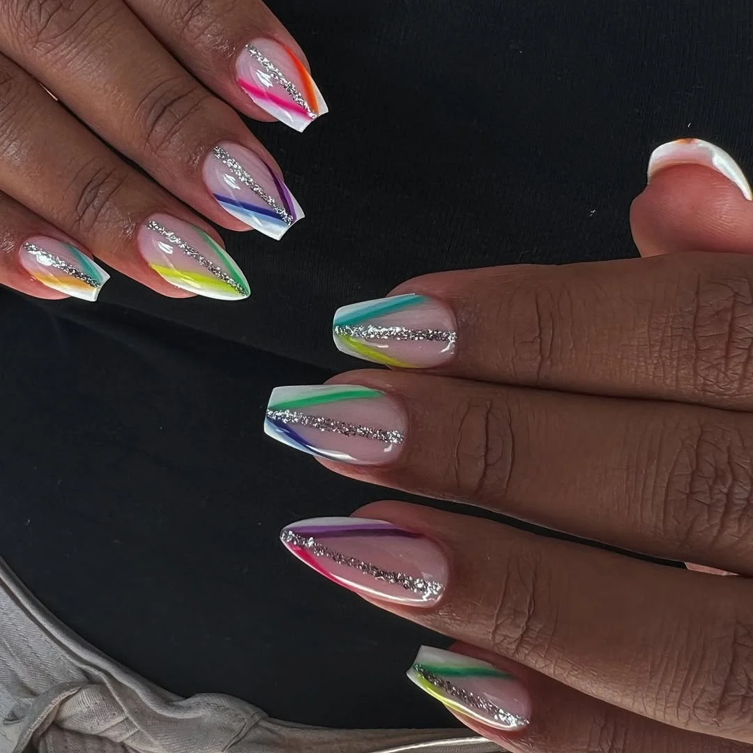 summer nail colors 2026 White French Tips With Rainbow Lines And Silver Glitter