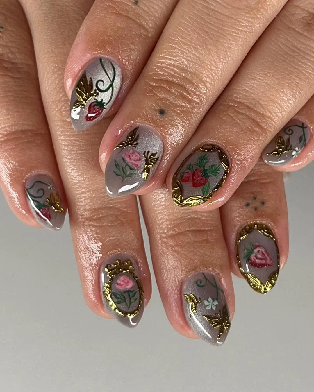 summer nail inspo 2026 Smoky Rose Garden Nails With Gilded Vintage Details