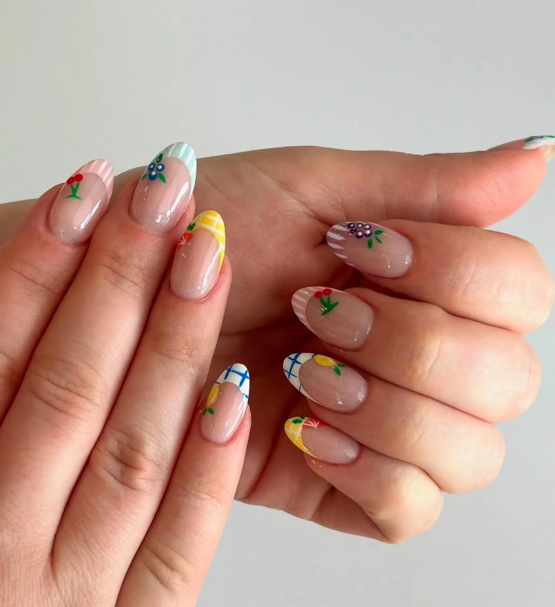 summer nail inspo 2026 Almond Fruit-Tip Nails With Picnic Color Details