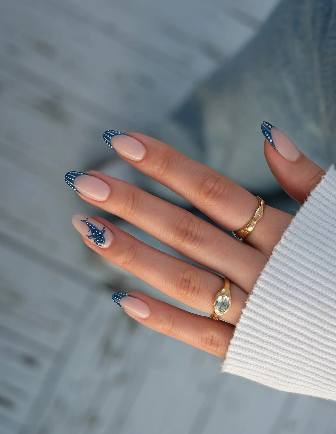 summer nail inspo 2026 Soft Denim Blue French Tips With Polka Dot Detail