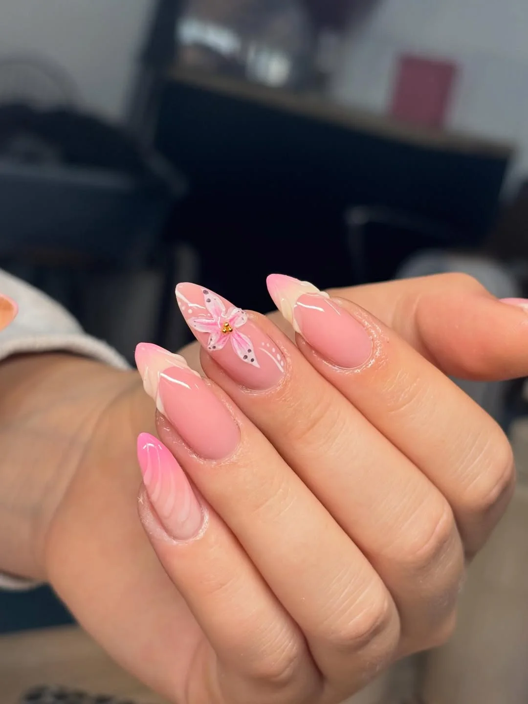 summer nail inspo 2026 Pink Almond Nails With Soft French Tips And Floral Accent