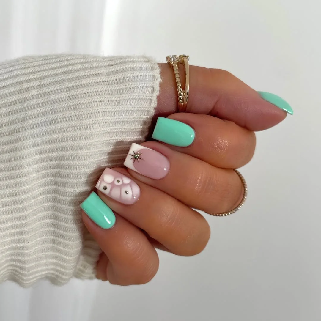 summer nail inspo 2026 Mint Green Short Nails With Seashell Accent Charm