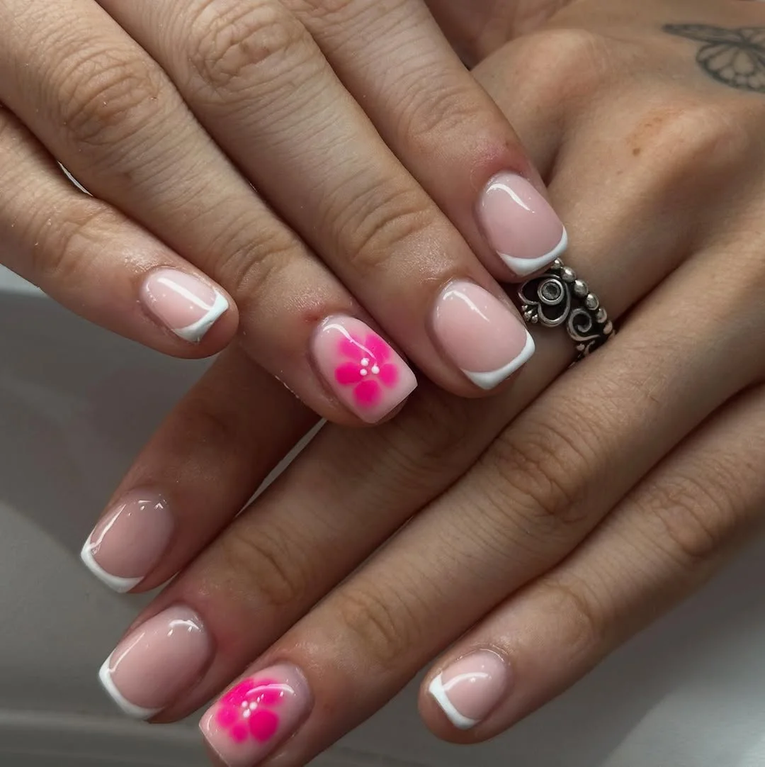 summer nail inspo 2026 Classic Short French Nails With Hot Pink Flower Accent