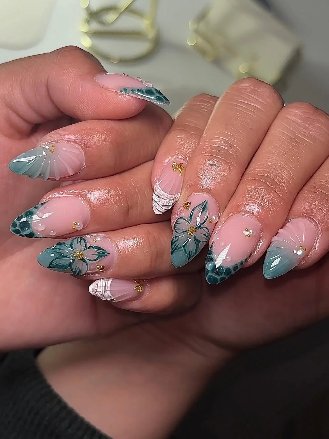 summer nail inspo 2026 Green Botanical Almond Nails With Fine Line Leaf Art
