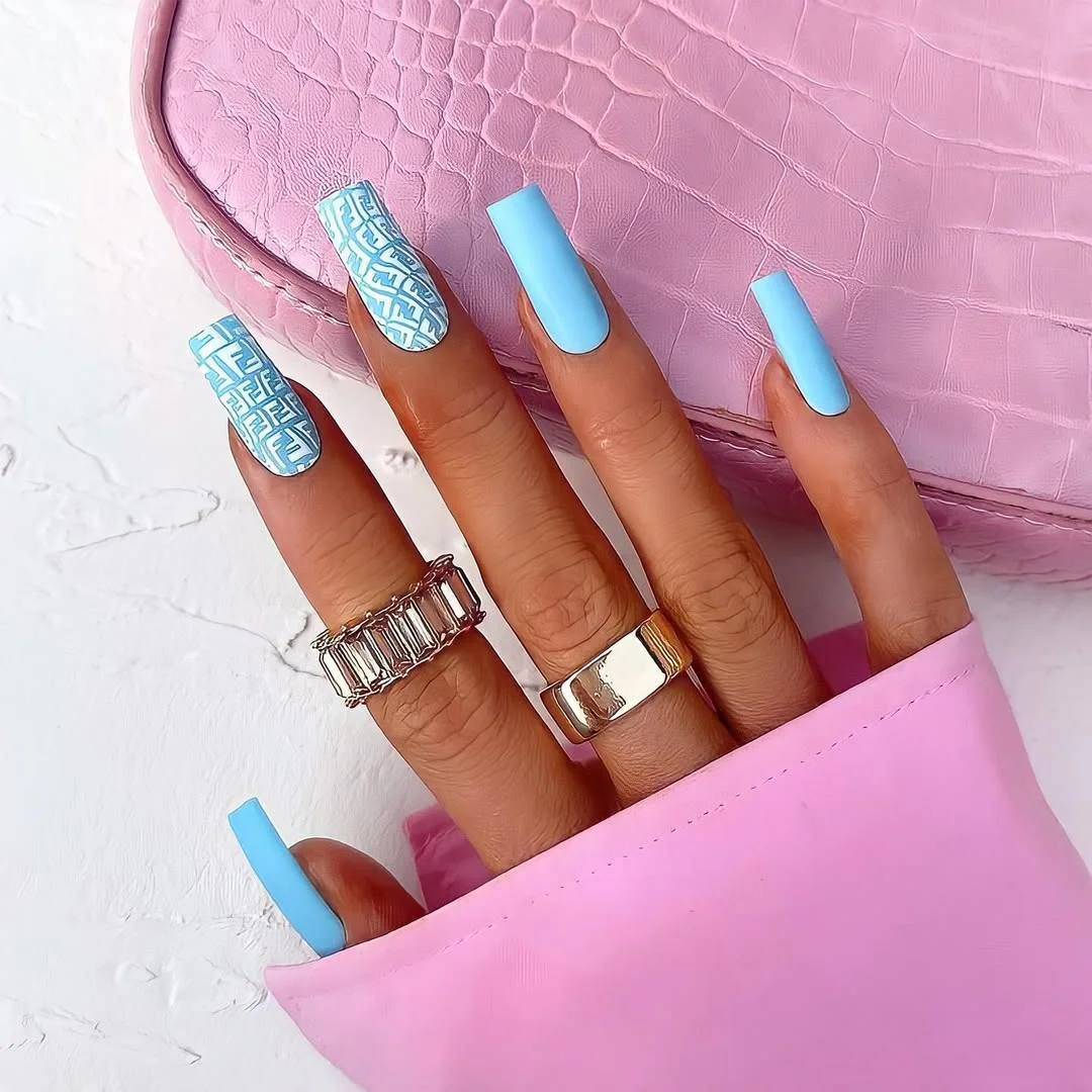 summer nail inspo 2026 Fresh Blue Square Nails With Logo-Inspired Accent Art