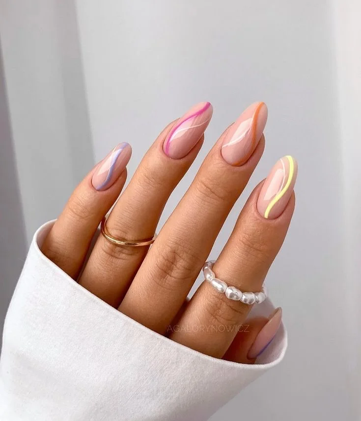 summer nail inspo 2026 Minimal Almond Nails With Pastel Curved Lines