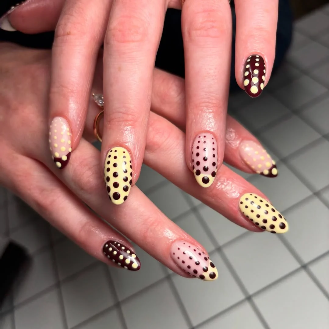 summer nail inspo 2026 Chocolate And Butter Yellow Almond Nails With Polka Dot Play