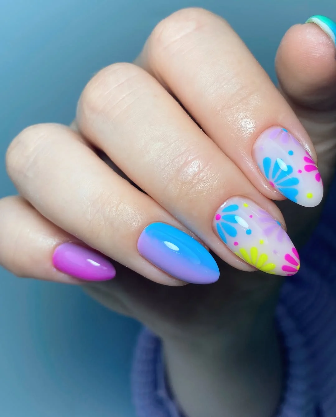 summer nail inspo 2026 Bright Pastel Ombre Nails With Neon Flower Energy