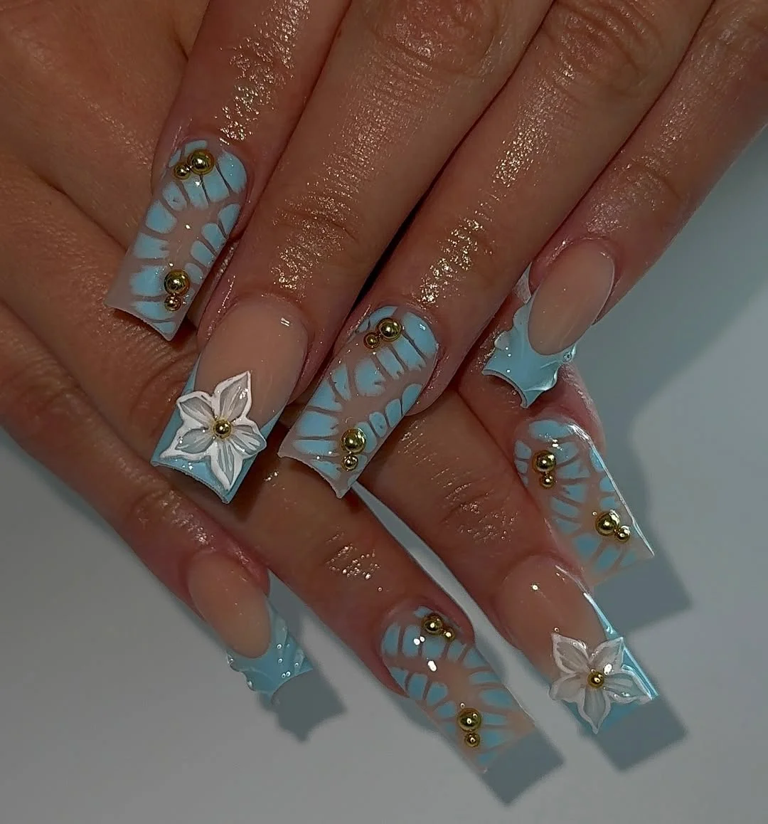 summer nail inspo 2026 Powder Blue Square Nails With 3D White Florals