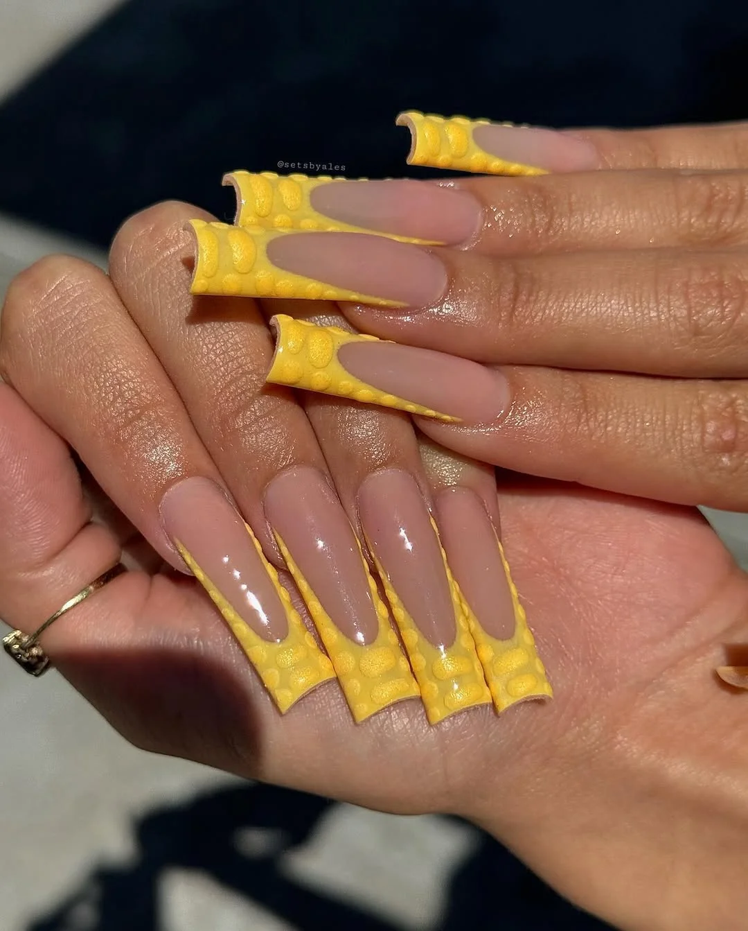 summer nail inspo 2026 Lemon Yellow Long Coffin Nails With Textured French Tips