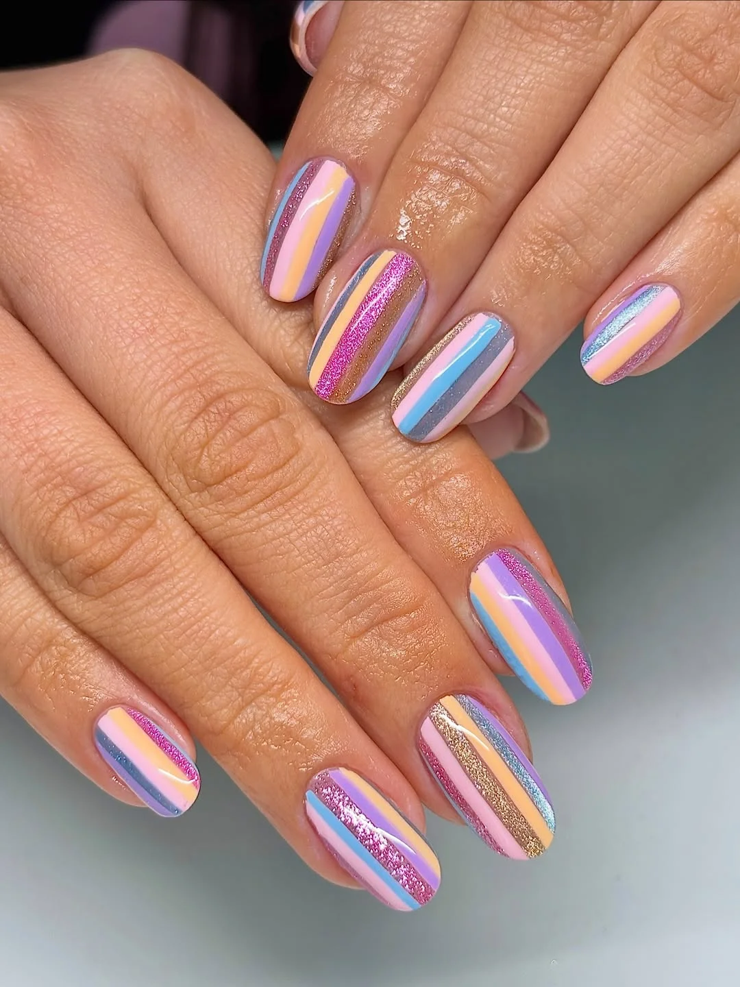 summer nail inspo 2026 Pastel Rainbow Stripe Nails With Metallic Summer Shine