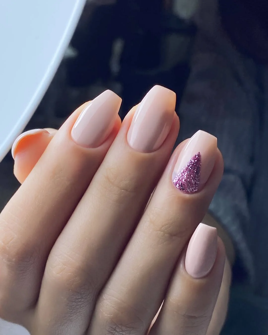 summer nails ballerina shape 2026 Soft Pink Ballerina Nails With Purple Glitter Accent