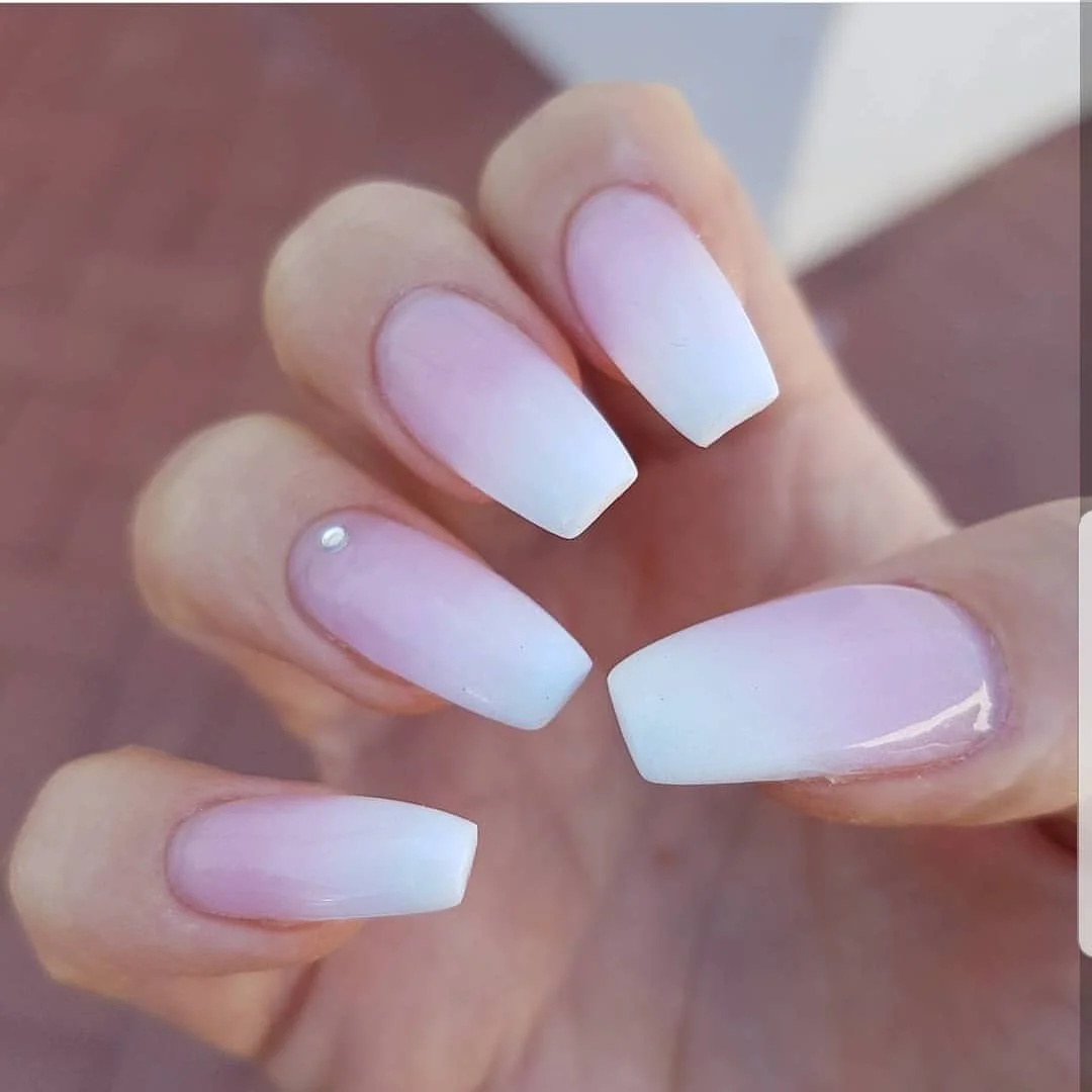 summer nails ballerina shape 2026 Soft Pink To White Ombre Ballerina Nails With A Minimal Crystal Detail