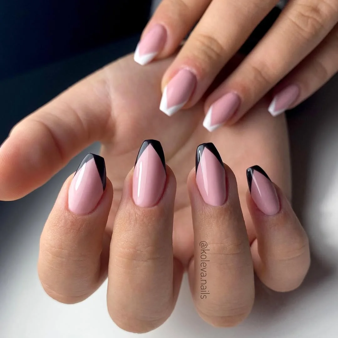summer nails ballerina shape 2026 Glossy Pink Ballerina Nails With Graphic Black French Tips