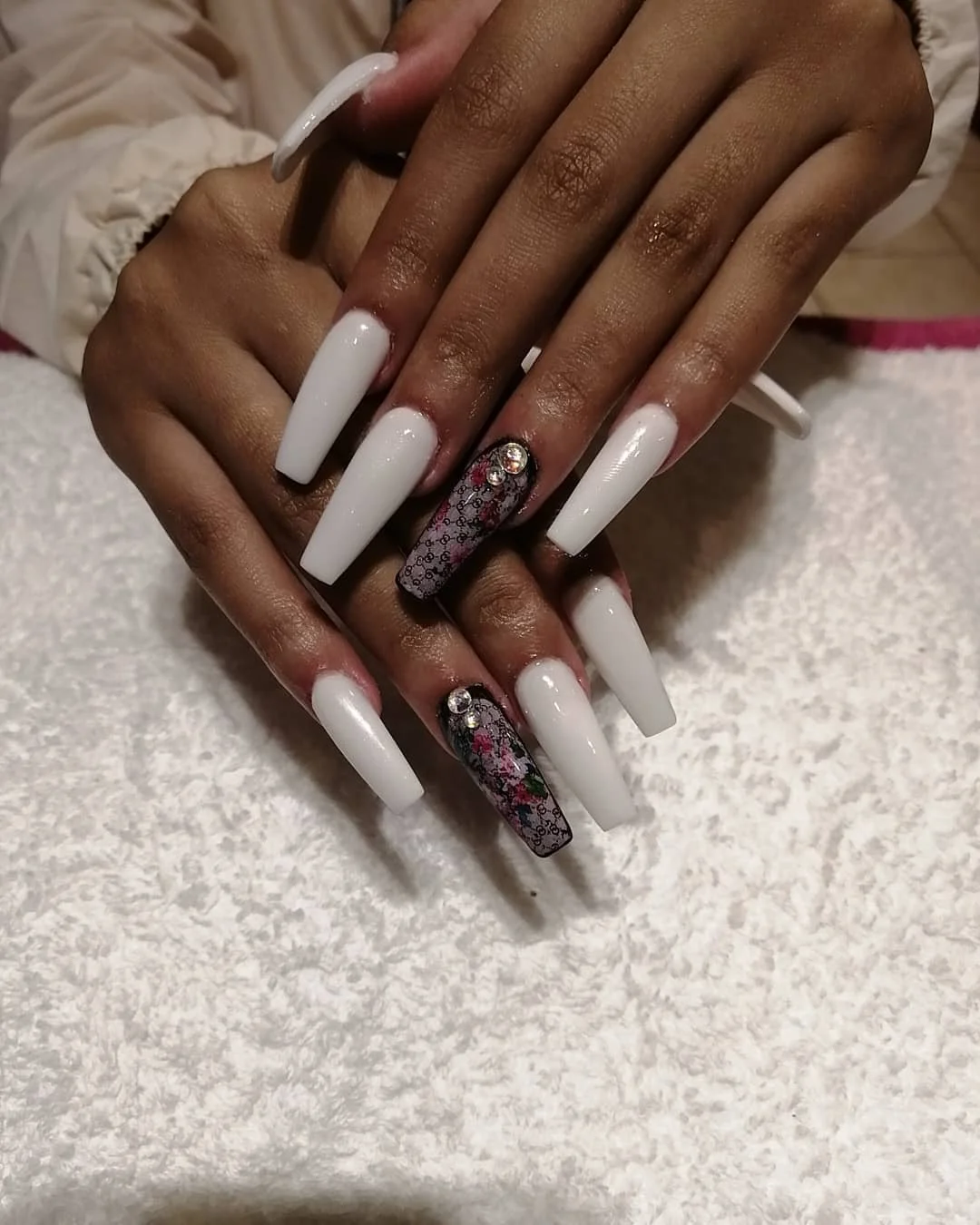 summer nails ballerina shape 2026 Long White Ballerina Nails With Patterned Accent Art And Rhinestones
