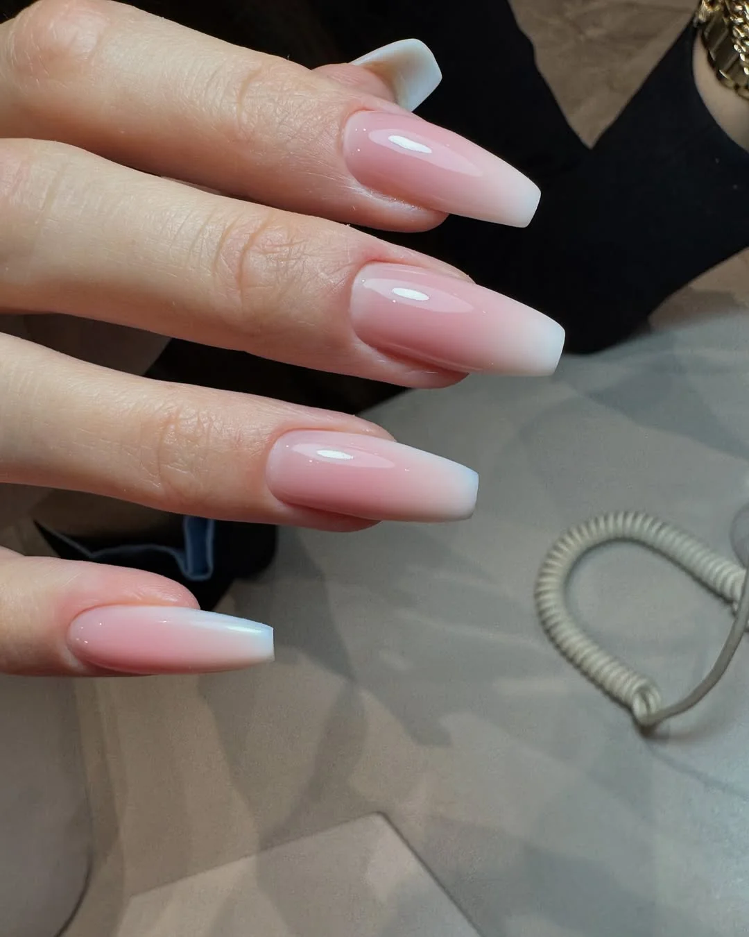 summer nails ballerina shape 2026 Glossy Pink Ombre Ballerina Nails With Soft White Tips