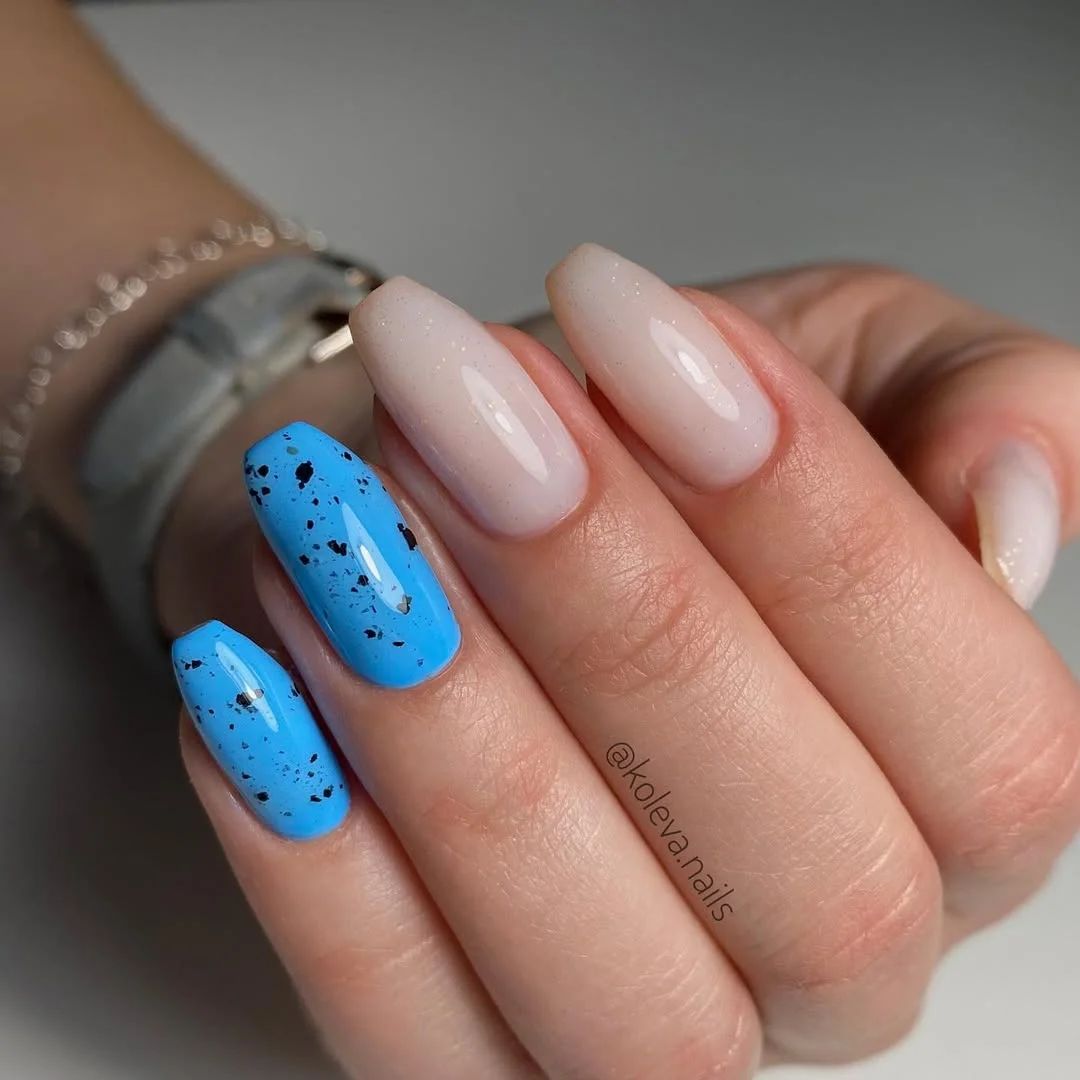 summer nails ballerina shape 2026 Blue Speckled Accent Ballerina Nails With Nude Gloss