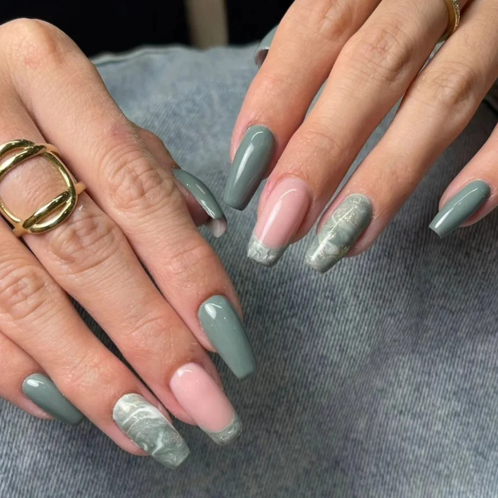 summer nails ballerina shape 2026 Sage Green Ballerina Nails With Marble French Accents
