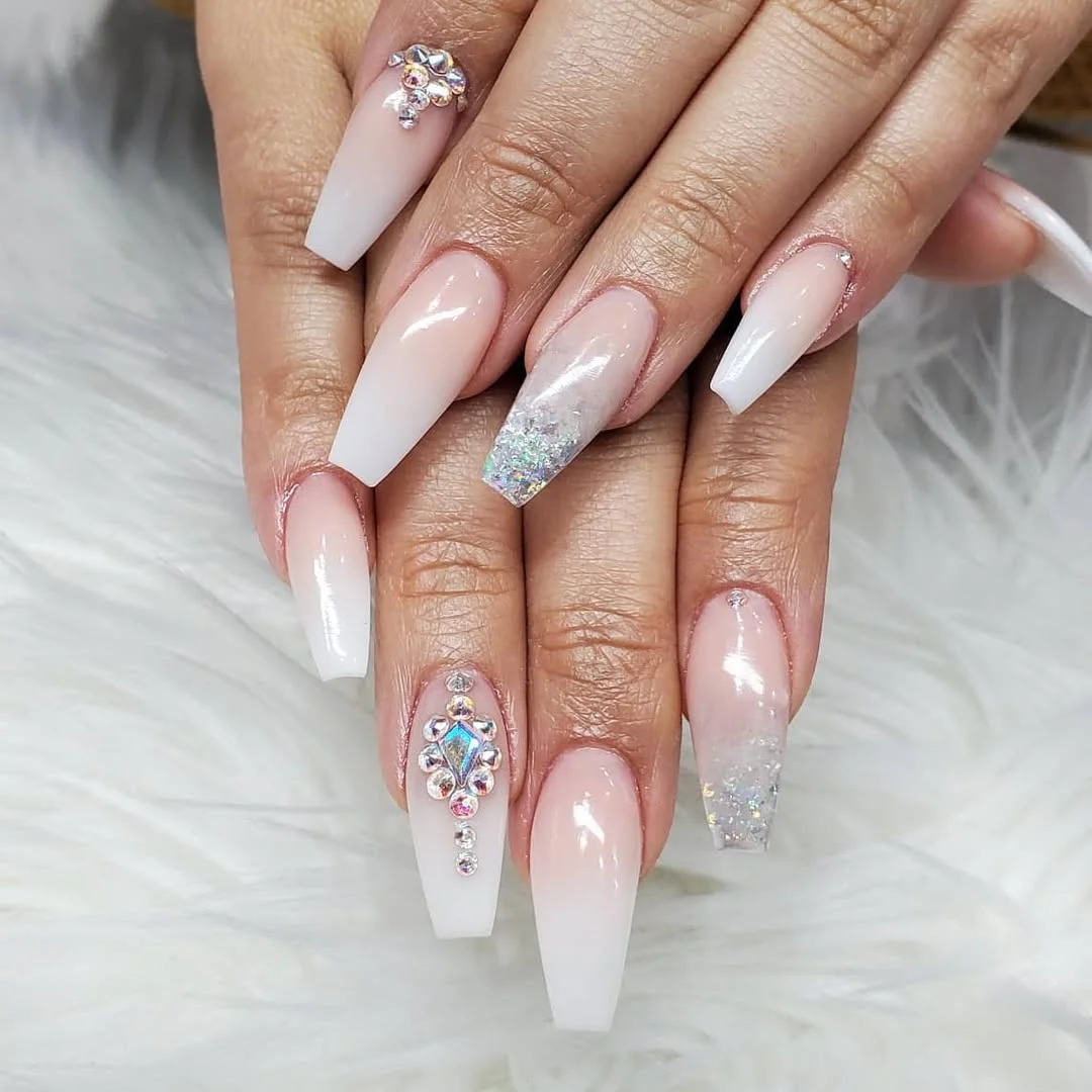 summer nails ballerina shape 2026 White Ombre Ballerina Nails With Rhinestones And Silver Glitter
