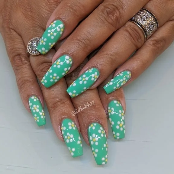 summer nails ballerina shape 2026 Mint Green Floral Ballerina Nails With Dot Details