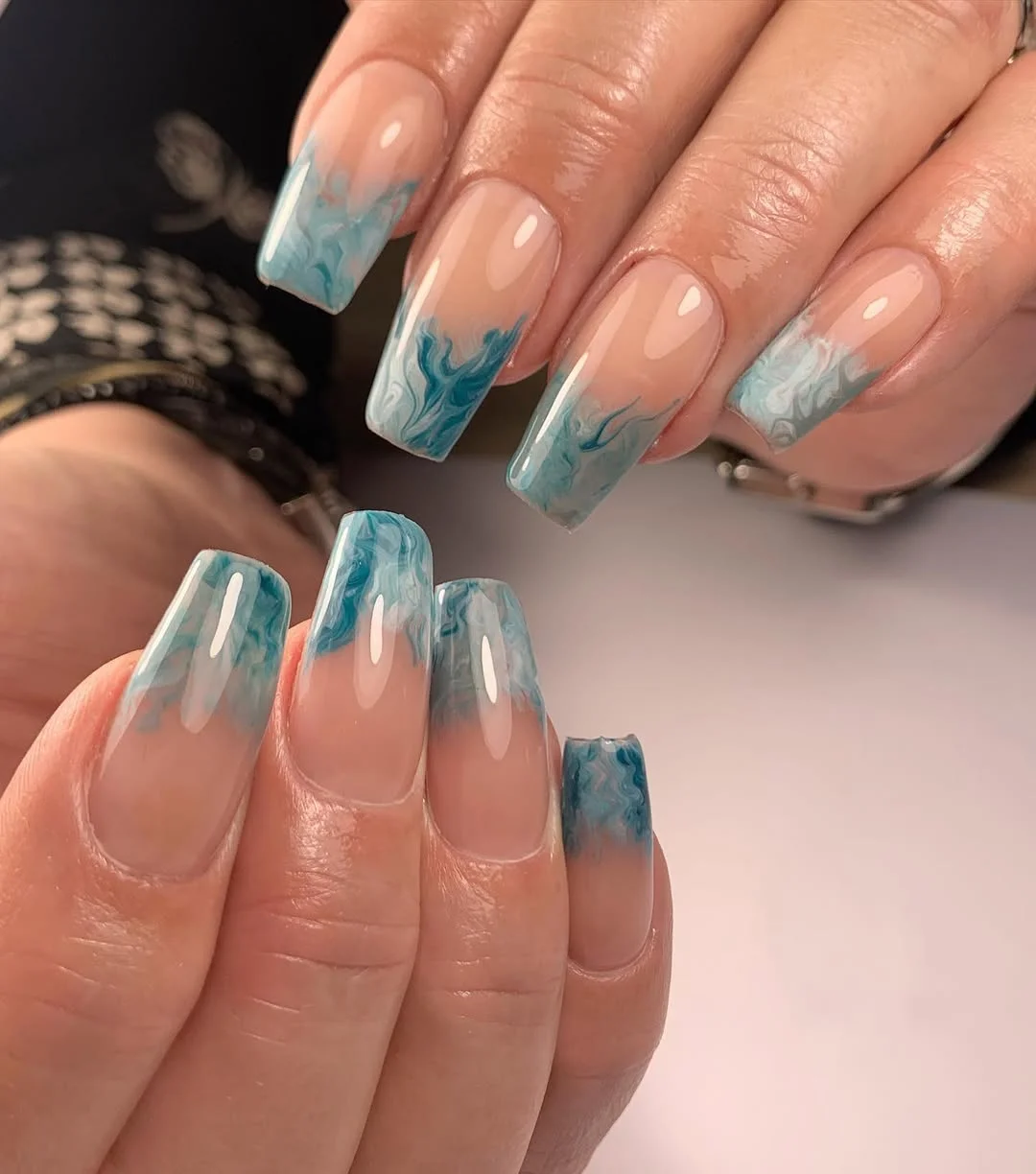 summer nails ballerina shape 2026 Teal Marble French Ballerina Nails With Nude Base