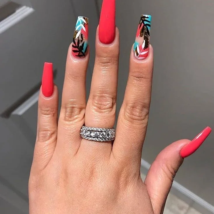 summer nails ballerina shape 2026 Hot Red Ballerina Nails With Tropical Accent Art
